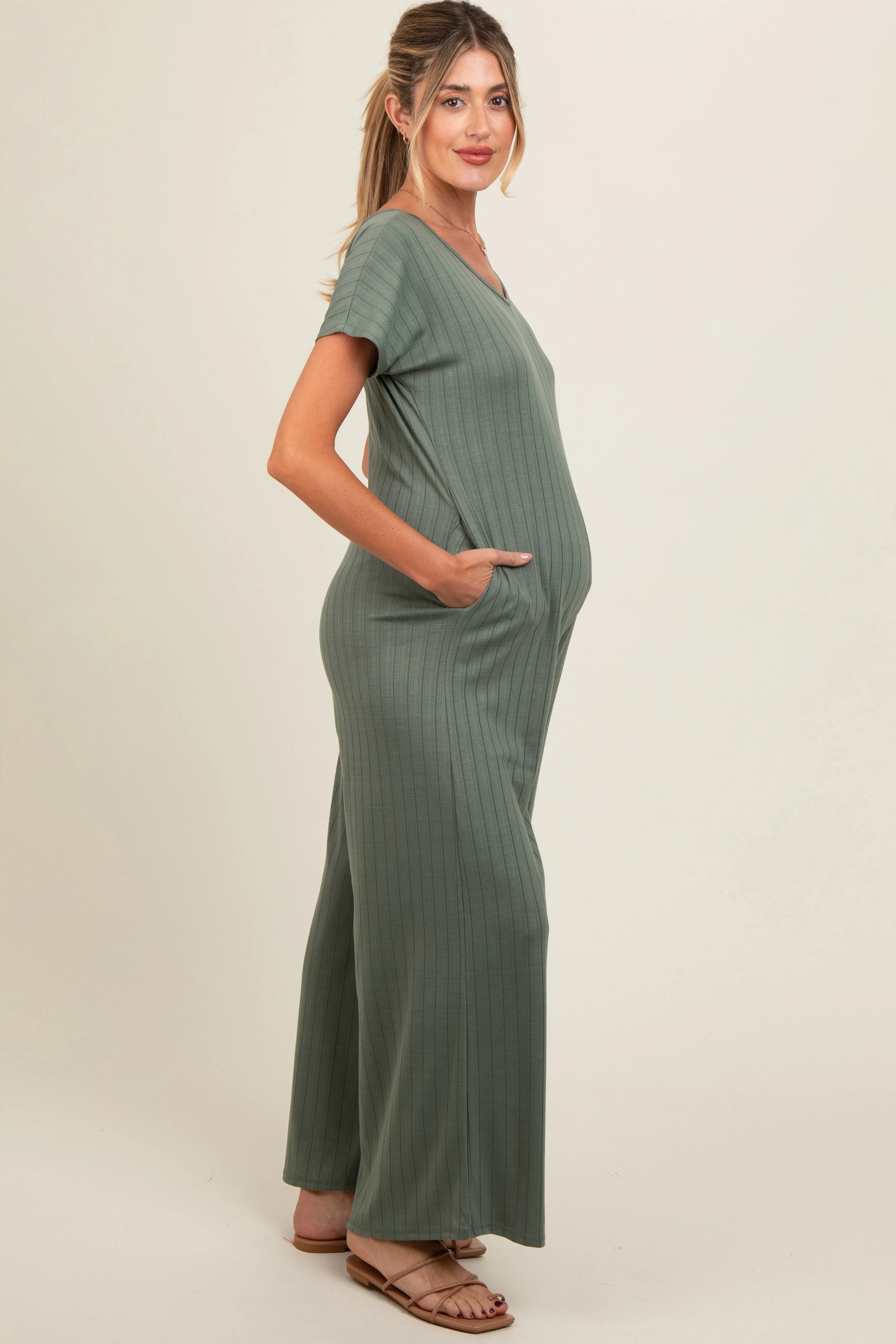 Olive Ribbed Wide Leg Maternity Jumpsuit sold by Pinkblush product image thumbnail 3