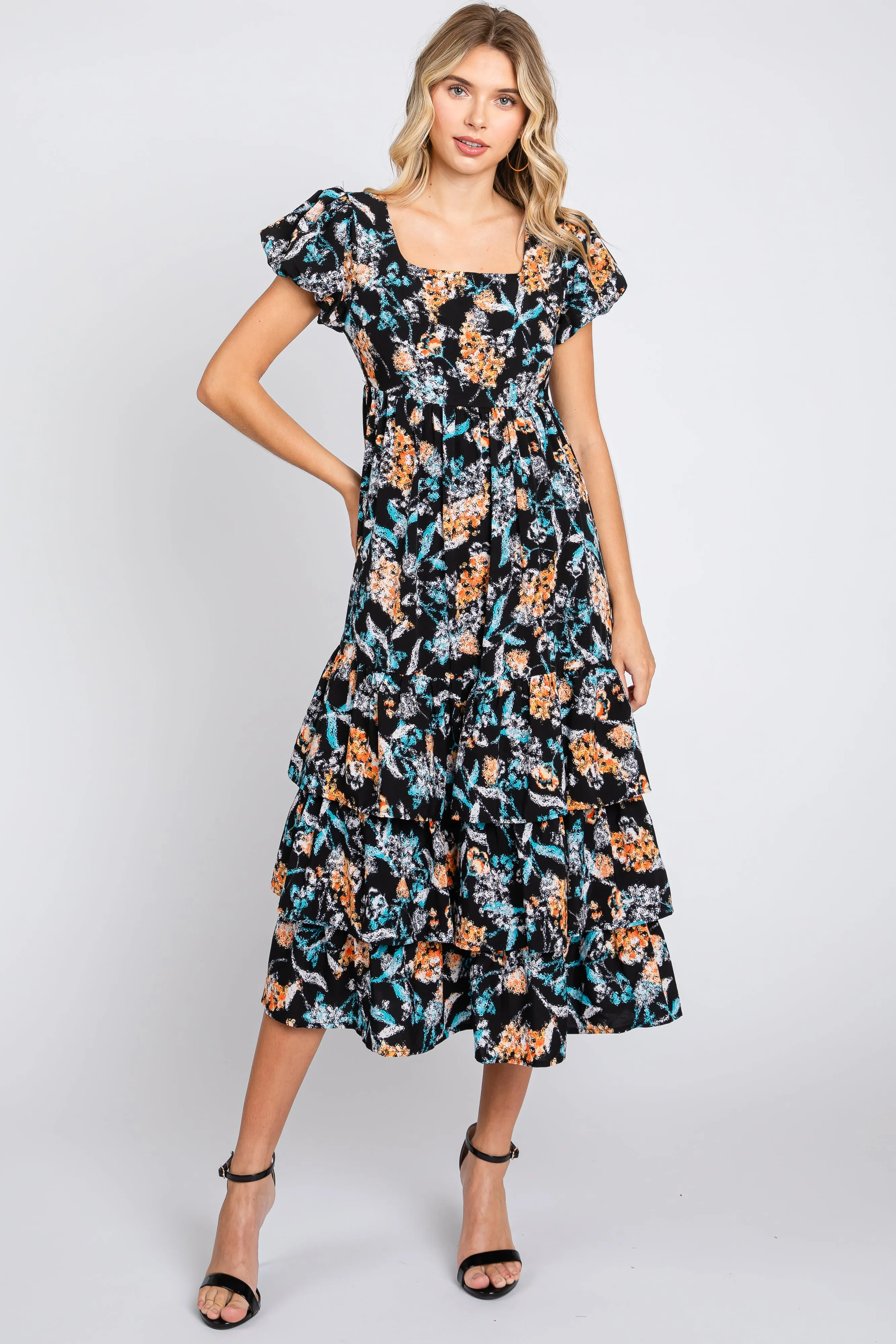 Black Floral Puff Sleeve Tiered Midi Dress sold by Pinkblush product image thumbnail 2