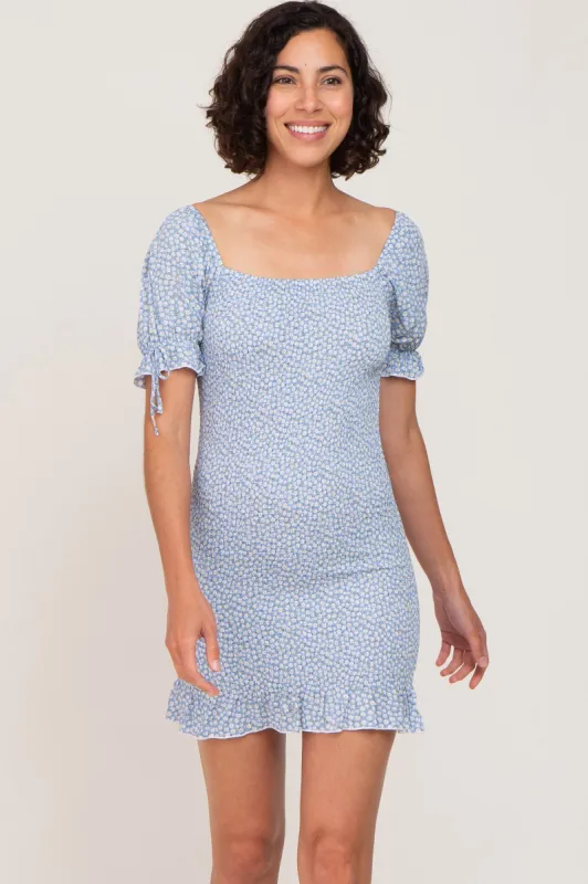 Light Blue Floral Smocked Short Puff Sleeve Mini Dress sold by Pinkblush