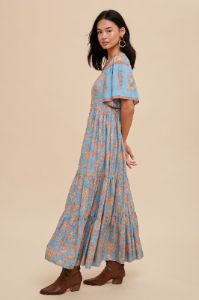 Dusty Blue Border Print Button Front Midi Dress sold by Pinkblush
