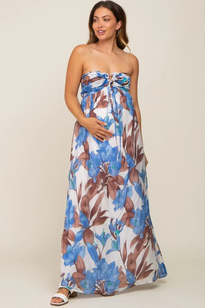 Blue Floral Front Ruffle Halter Maternity Maxi Dress sold by Pinkblush