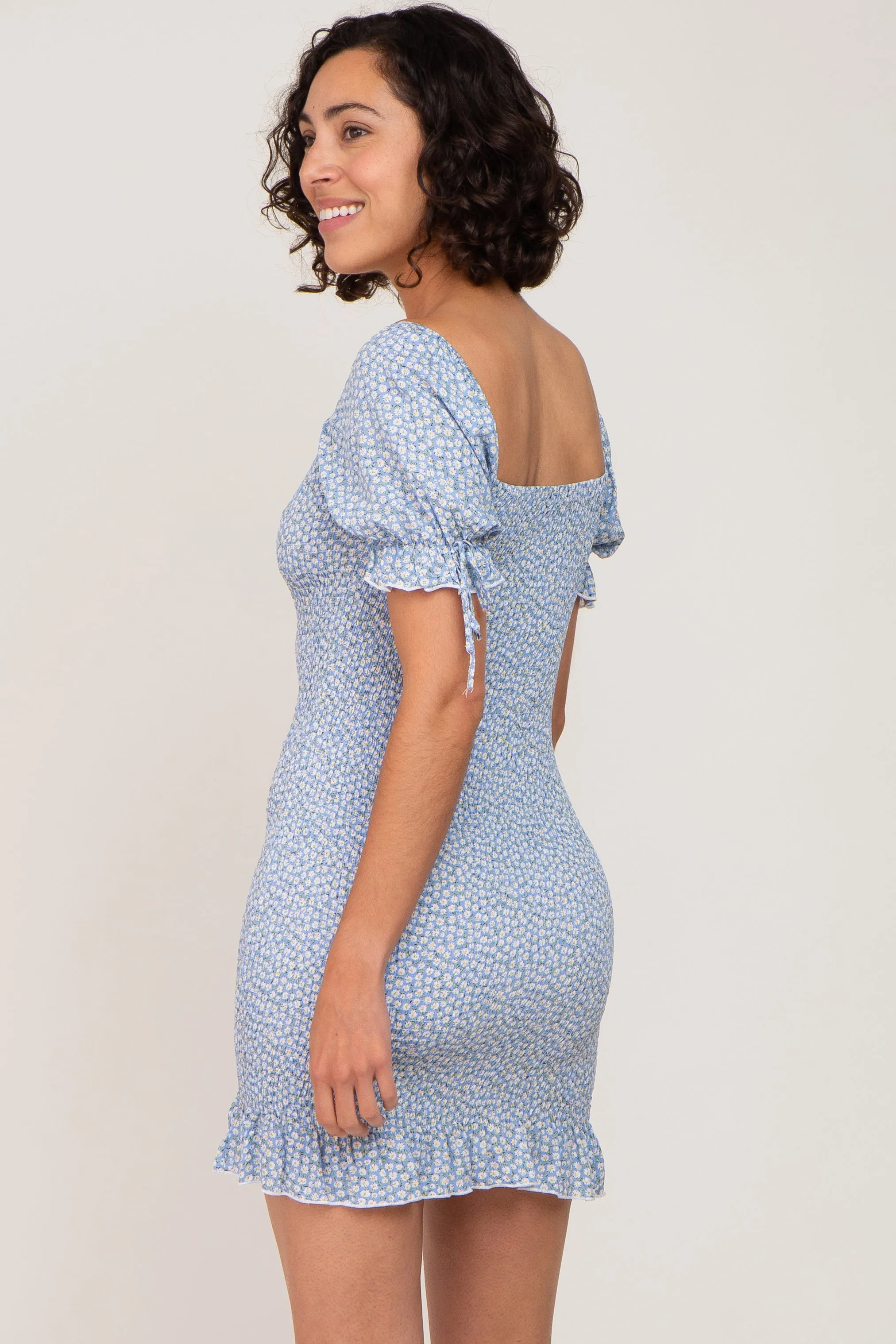 Light Blue Floral Smocked Short Puff Sleeve Mini Dress sold by Pinkblush product image thumbnail 2
