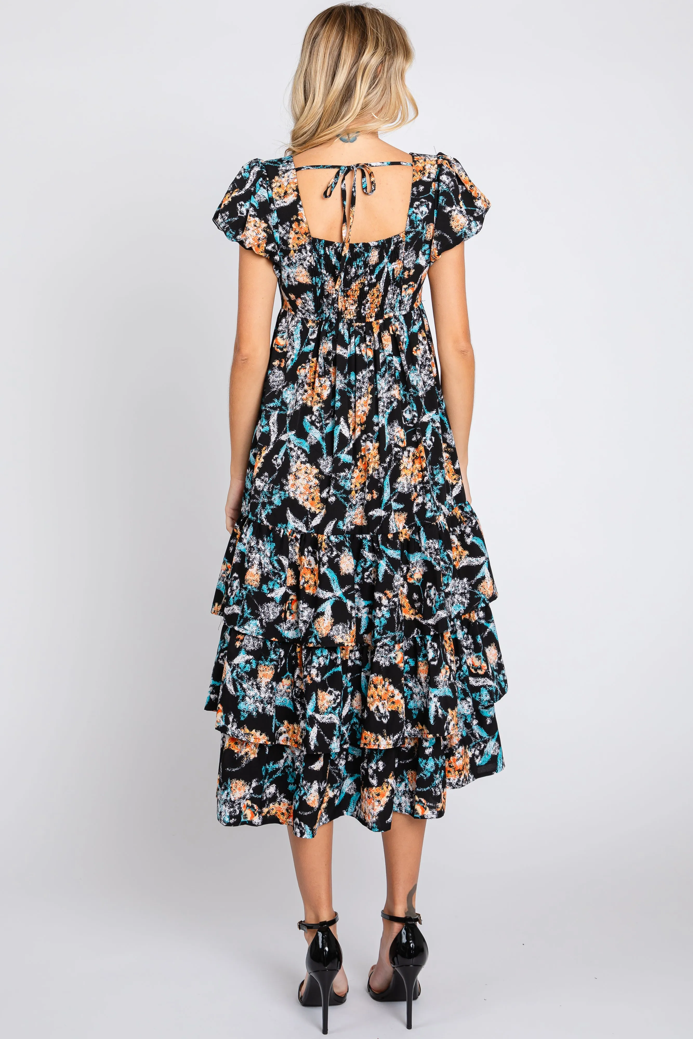 Black Floral Puff Sleeve Tiered Midi Dress sold by Pinkblush product image thumbnail 4