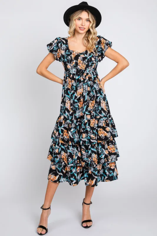 Black Floral Puff Sleeve Tiered Midi Dress sold by Pinkblush