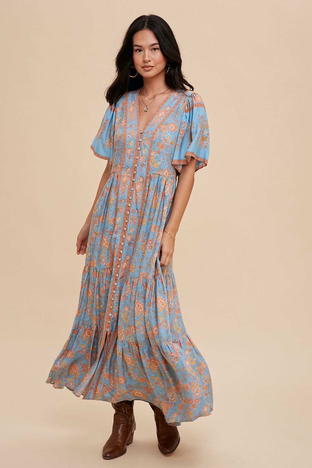 Dusty Blue Border Print Button Front Midi Dress sold by Pinkblush