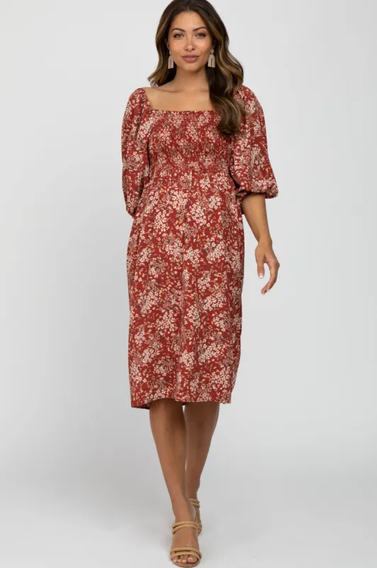 Rust Floral Square Neck Smocked Maternity Midi Dress sold by Pinkblush