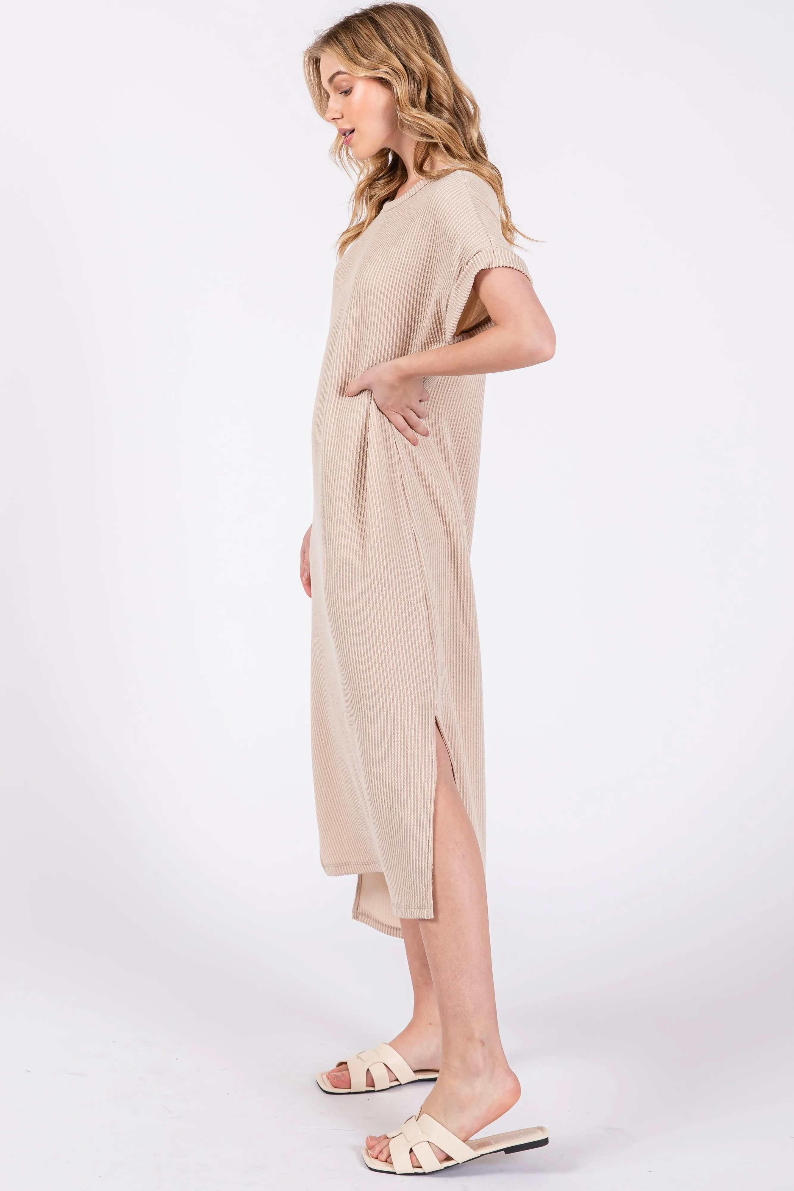 Beige Ribbed Short Sleeve Midi Dress sold by Pinkblush product image thumbnail 2