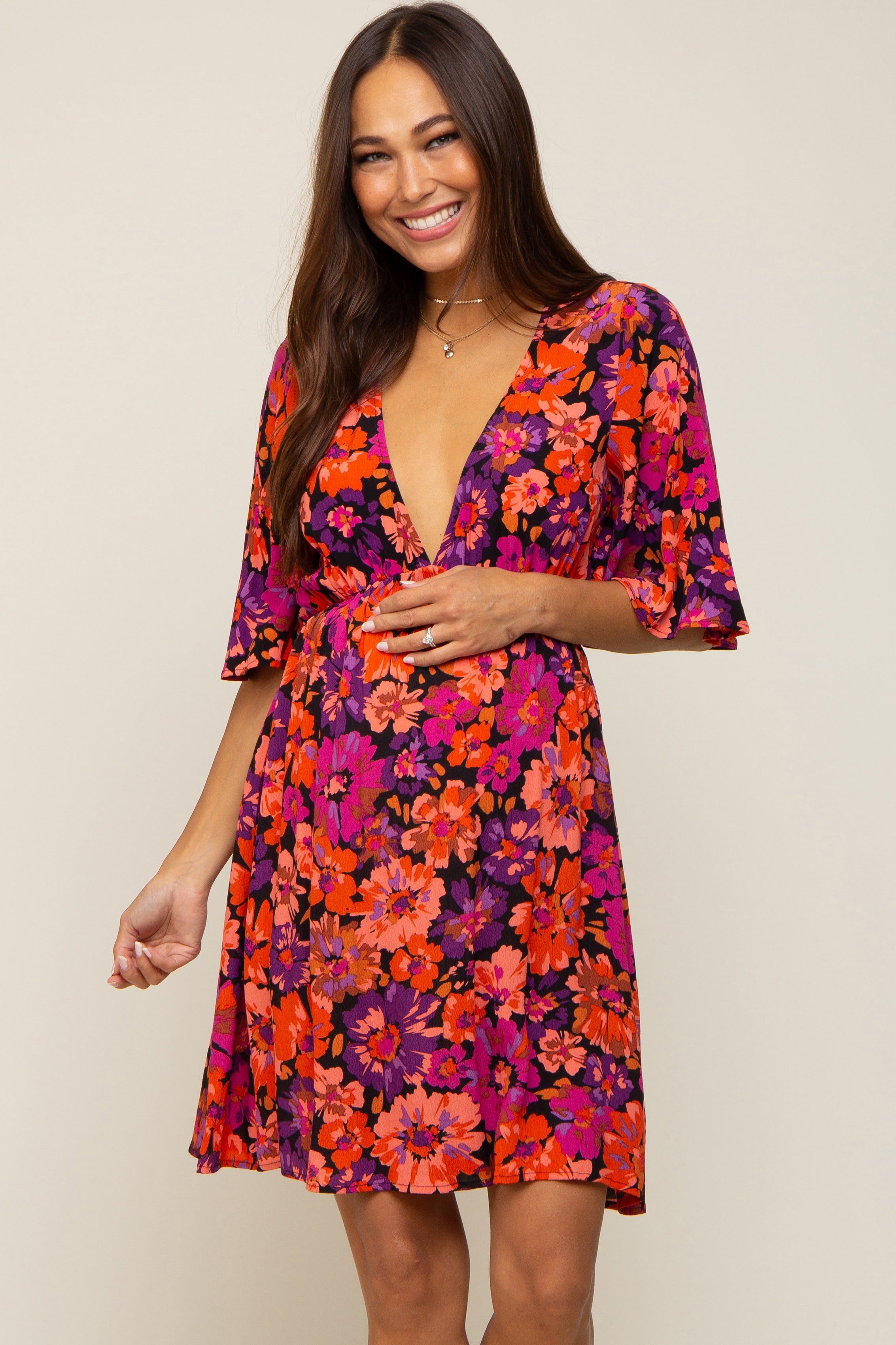 Black Floral Short Flutter Sleeve V-Neck Maternity Dress sold by Pinkblush product image thumbnail 2