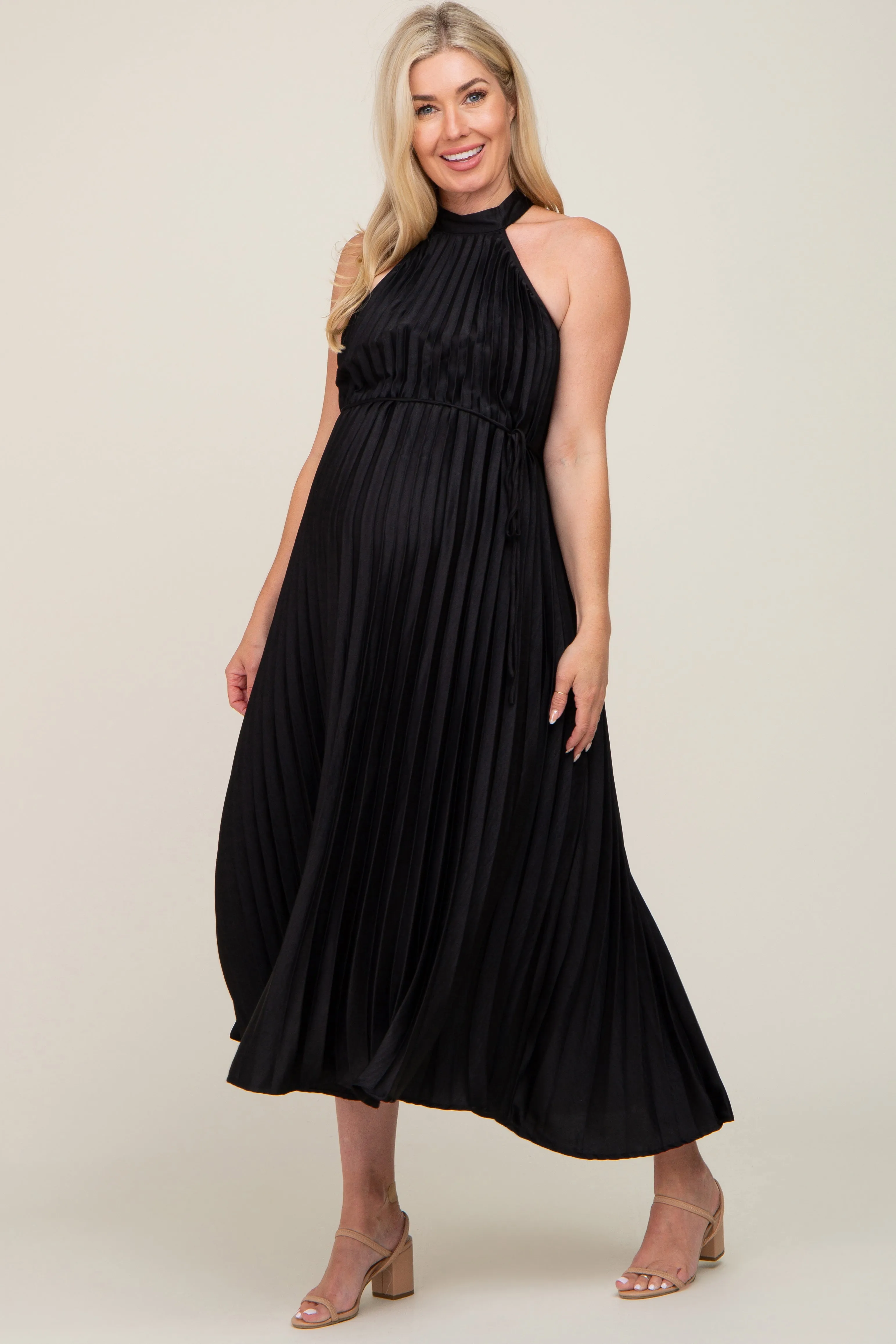 Black Pleated Maternity Halter Dress sold by Pinkblush