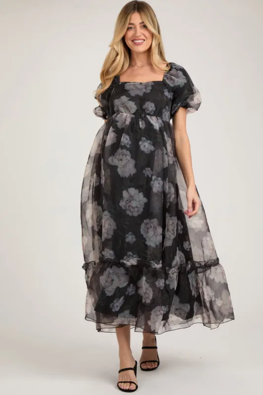 Black Floral Organza Square Neck Maternity Midi Dress sold by Pinkblush