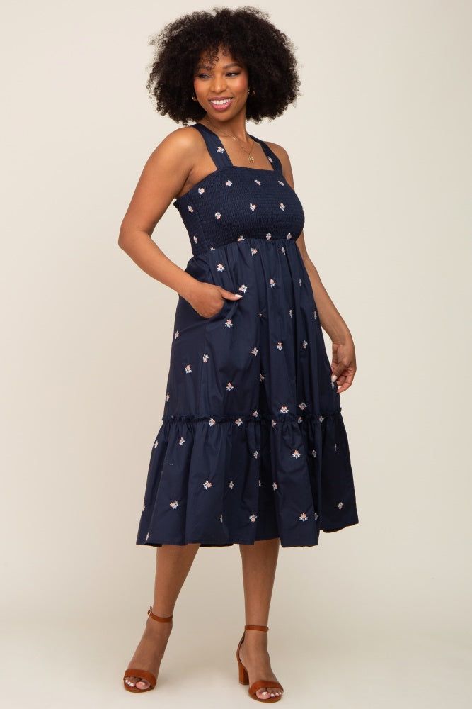 Navy Blue Sleeveless Floral Embroidered Midi Dress sold by Pinkblush product image thumbnail 5