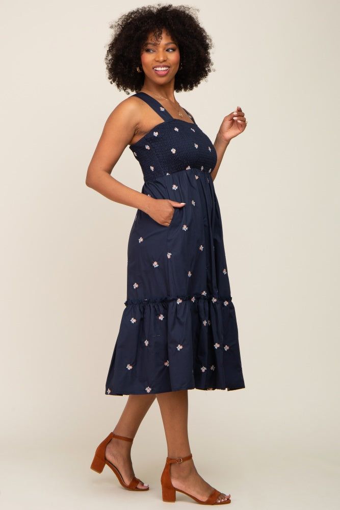Navy Blue Sleeveless Floral Embroidered Midi Dress sold by Pinkblush product image thumbnail 2