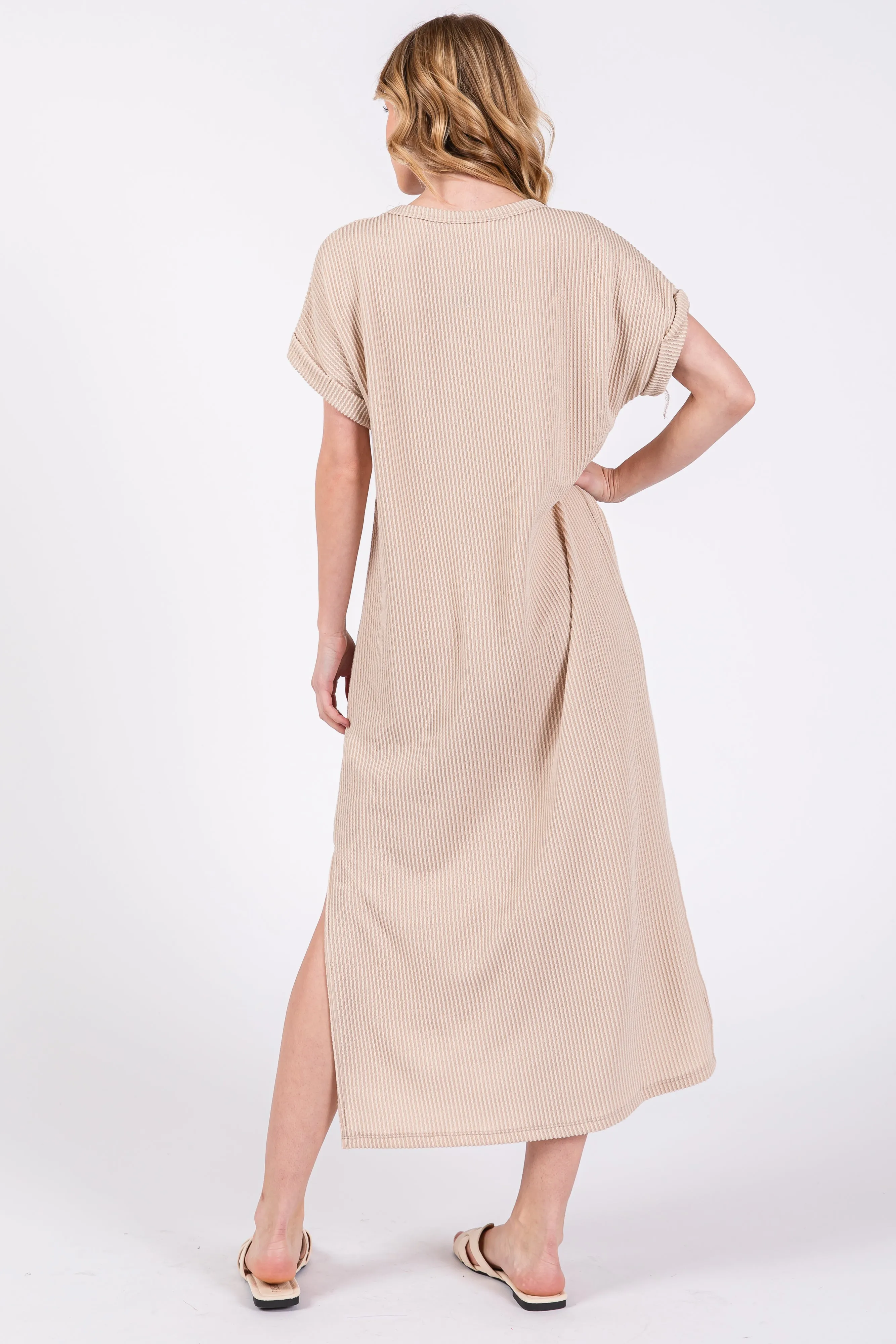 Beige Ribbed Short Sleeve Midi Dress sold by Pinkblush product image thumbnail 3