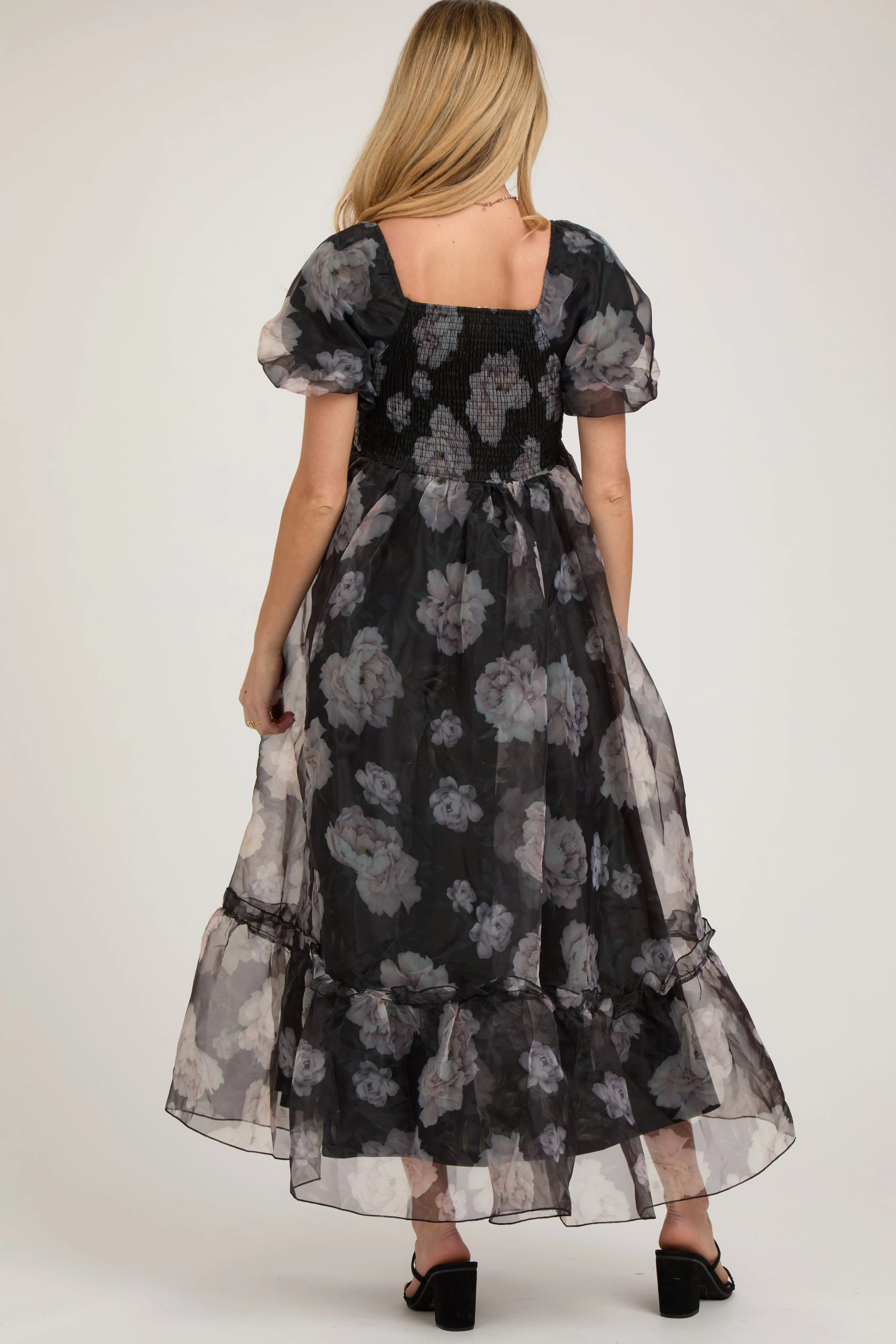 Black Floral Organza Square Neck Maternity Midi Dress sold by Pinkblush product image thumbnail 2