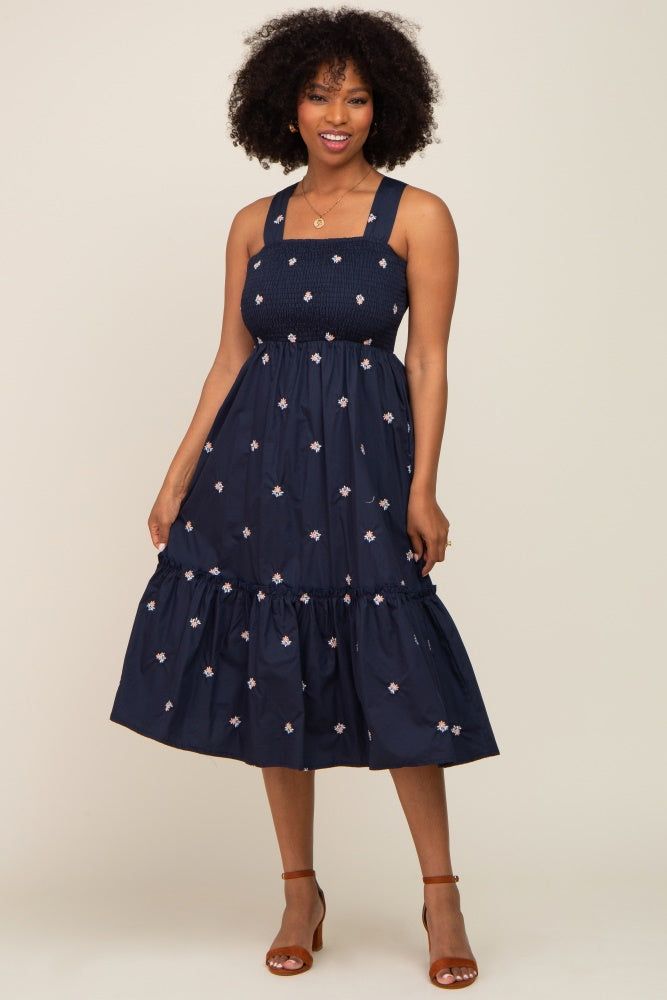 Navy Blue Sleeveless Floral Embroidered Midi Dress sold by Pinkblush product image thumbnail 4