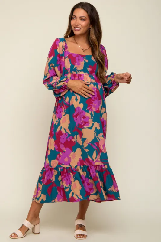 Fuchsia Floral Square Neck Long Sleeve Maternity Midi Dress sold by Pinkblush