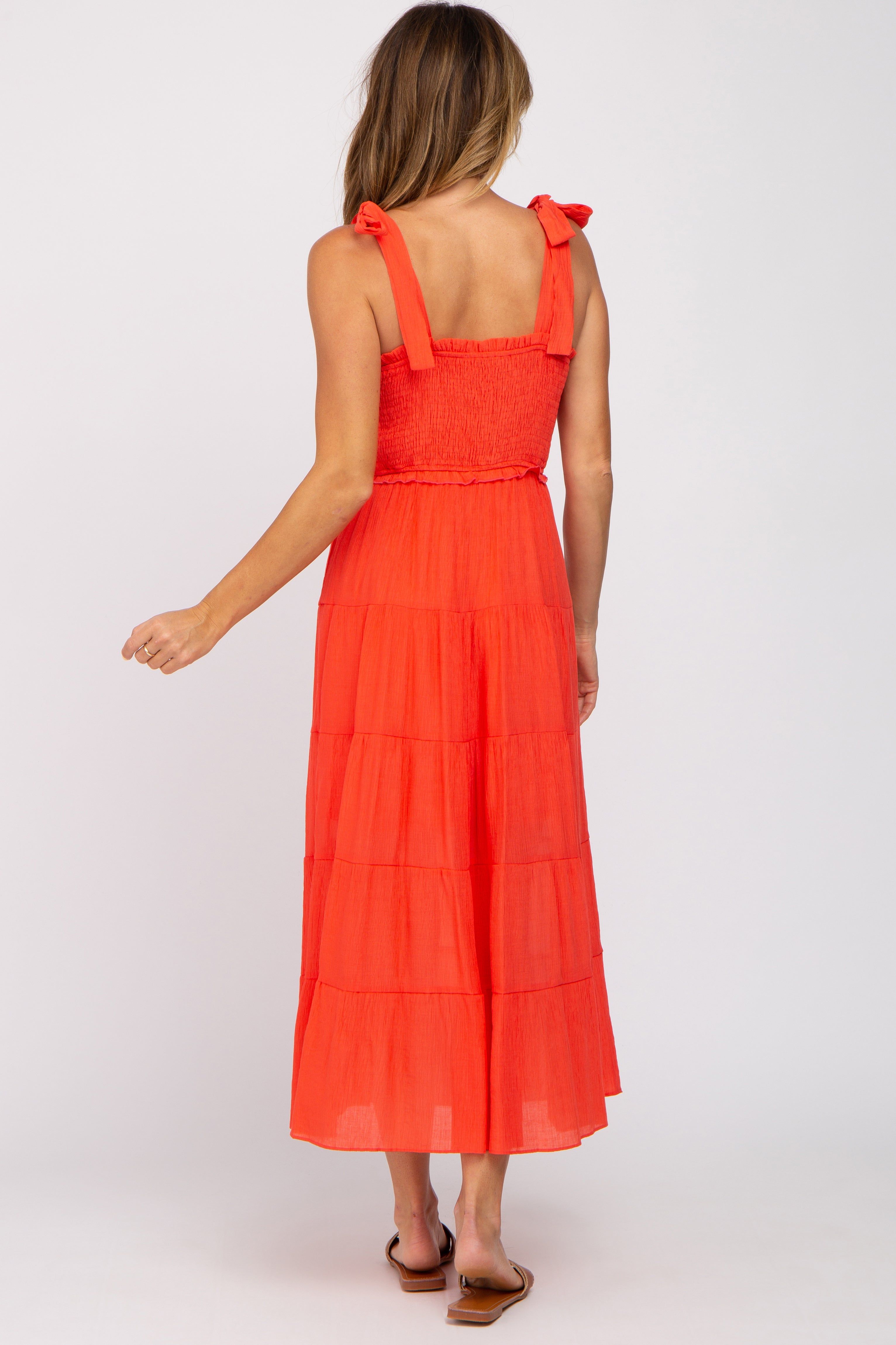 Red Smocked Tie Strap Tiered Midi Dress sold by Pinkblush product image thumbnail 3