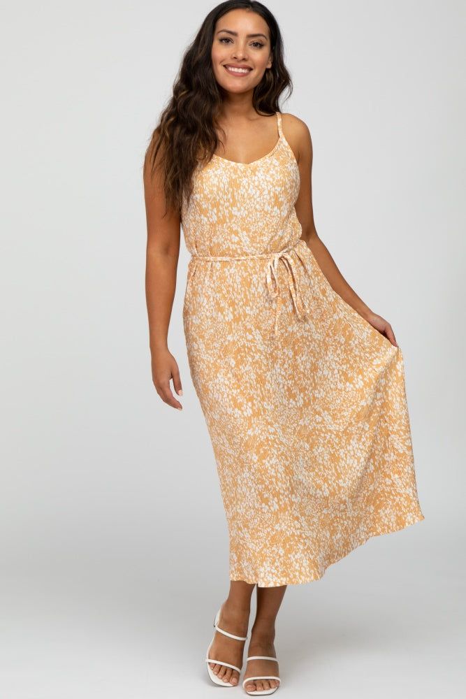 Mustard Floral Pleated Midi Dress sold by Pinkblush