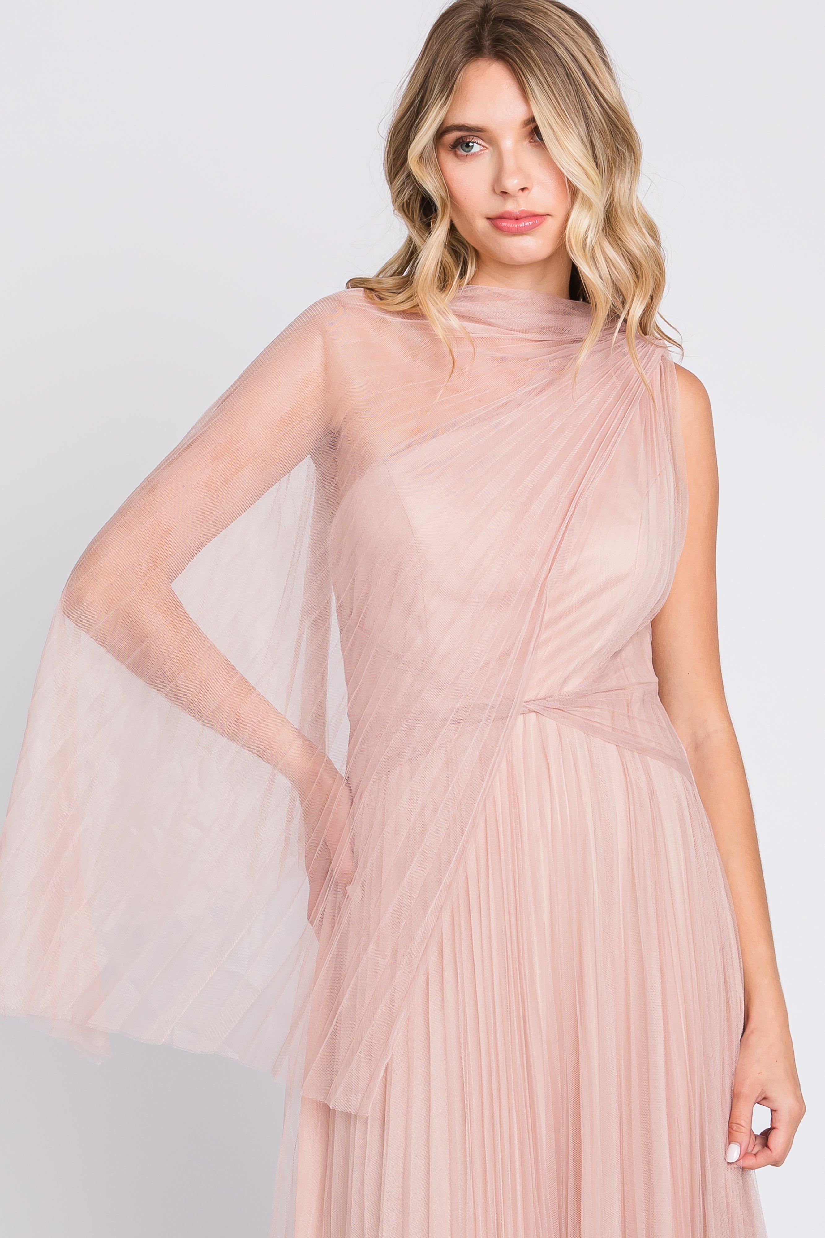 Light Pink One Shoulder Pleated Mesh Gown sold by Pinkblush product image thumbnail 4