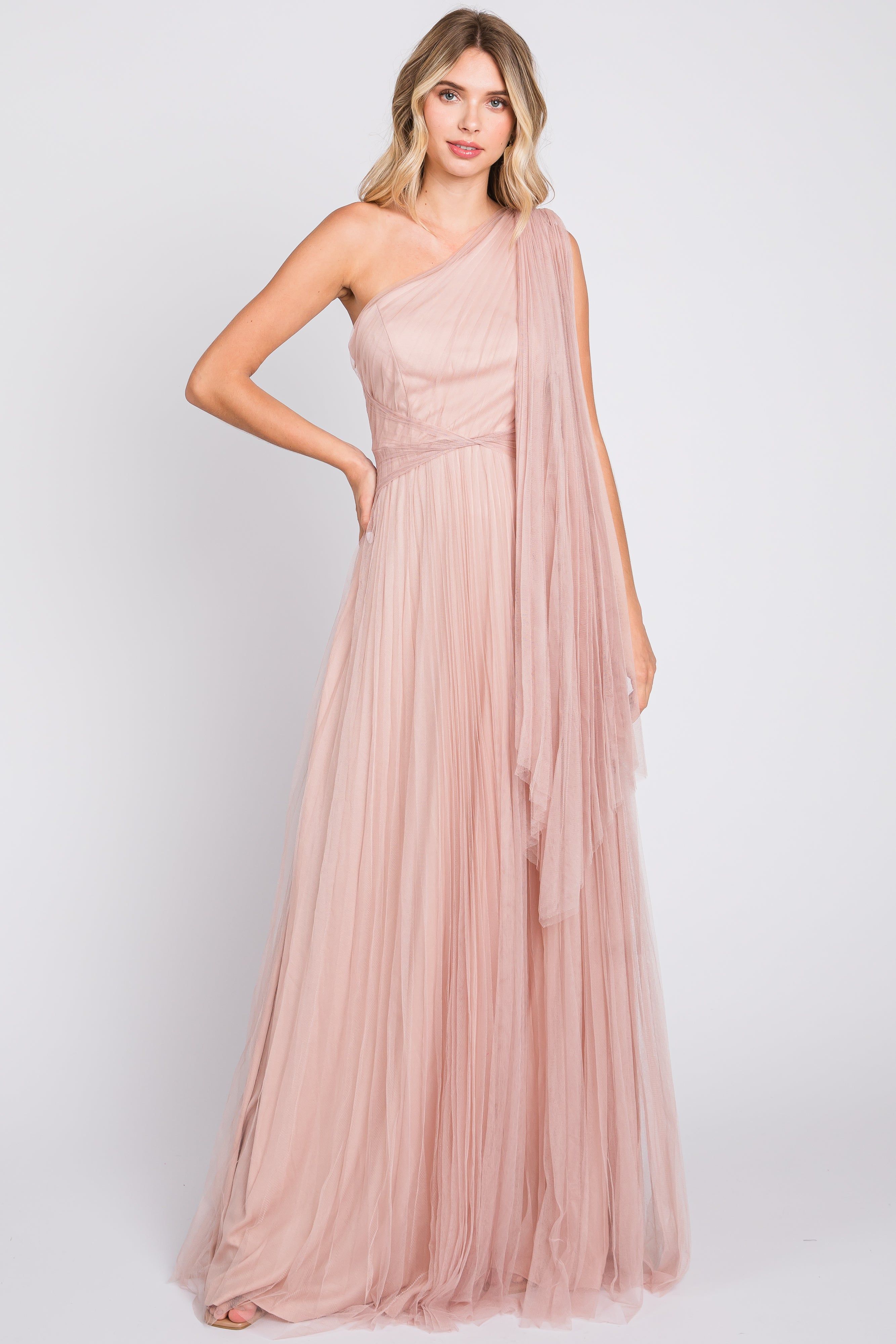 Light Pink One Shoulder Pleated Mesh Gown sold by Pinkblush