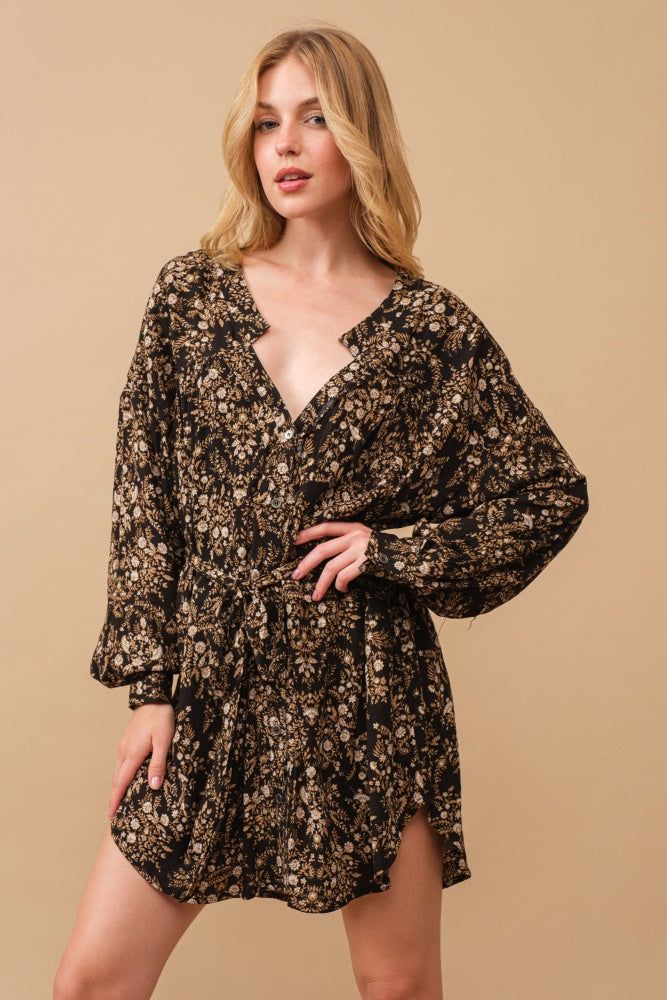 Black Rayon Crinkle Ditsy Floral Raw Shift Shirt Dress sold by Pinkblush