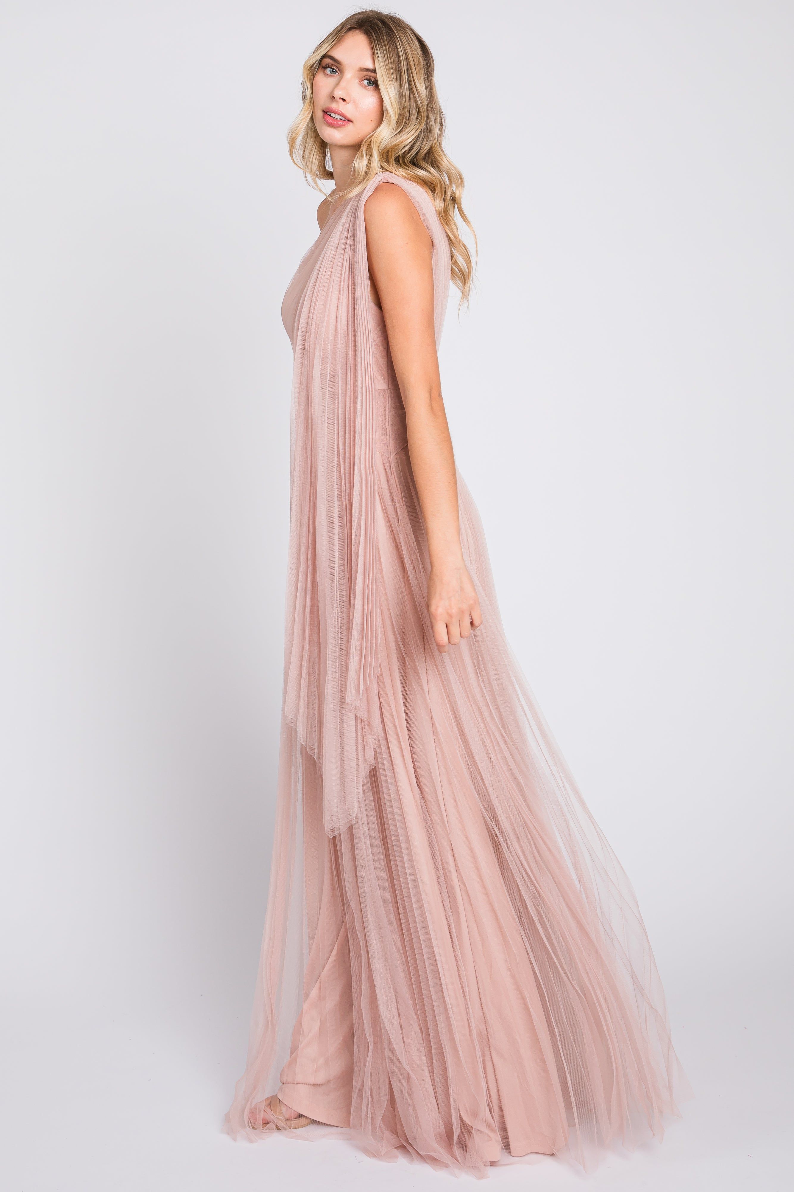 Light Pink One Shoulder Pleated Mesh Gown sold by Pinkblush product image thumbnail 2