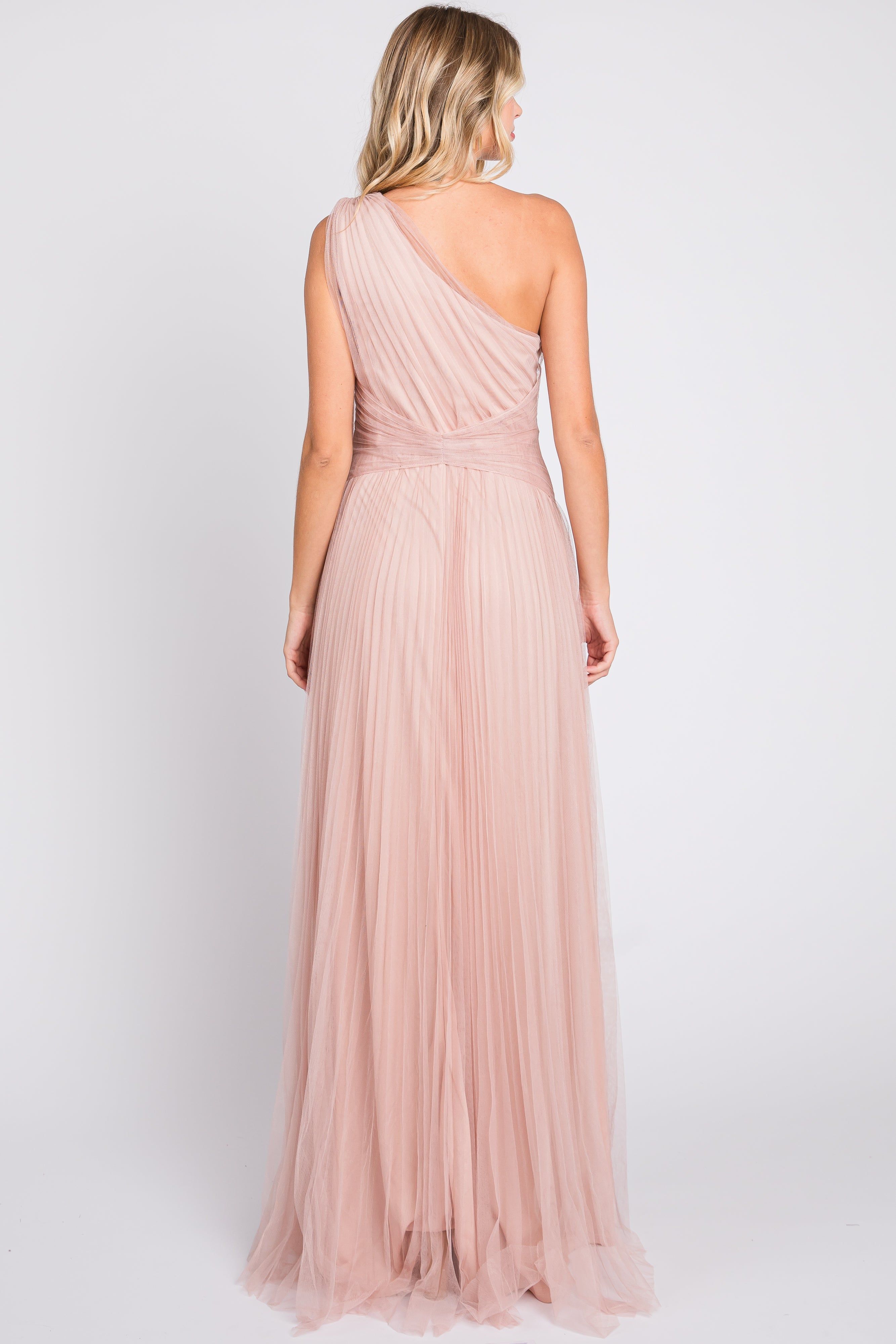 Light Pink One Shoulder Pleated Mesh Gown sold by Pinkblush product image thumbnail 3