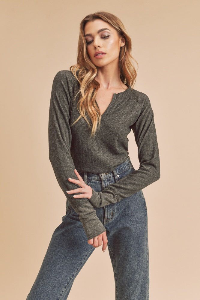 Charcoal Long Sleeve V-Neck Top sold by Pinkblush product image thumbnail 2
