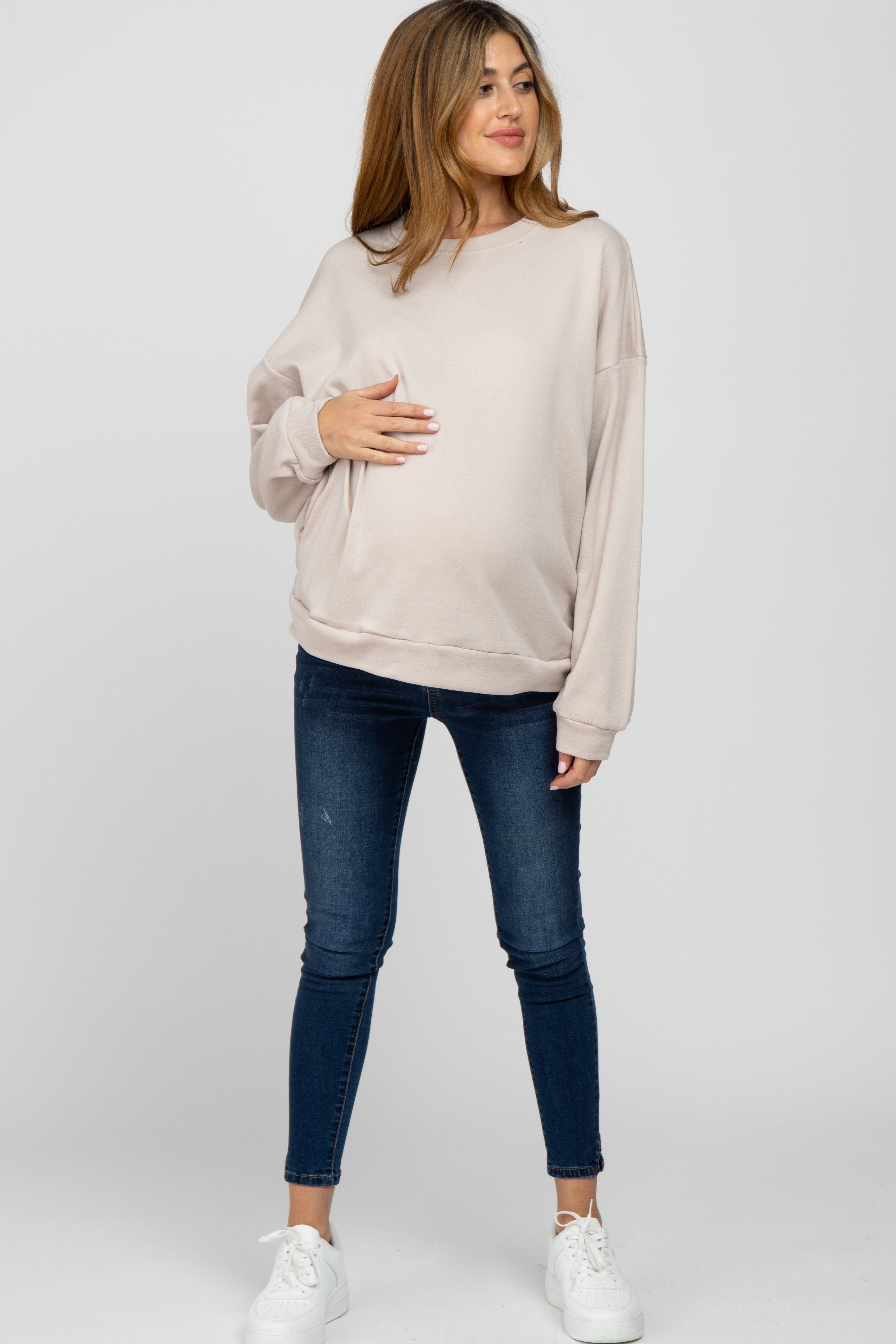 Beige Soft Fuzzy Lining Maternity Sweatshirt sold by Pinkblush product image thumbnail 5