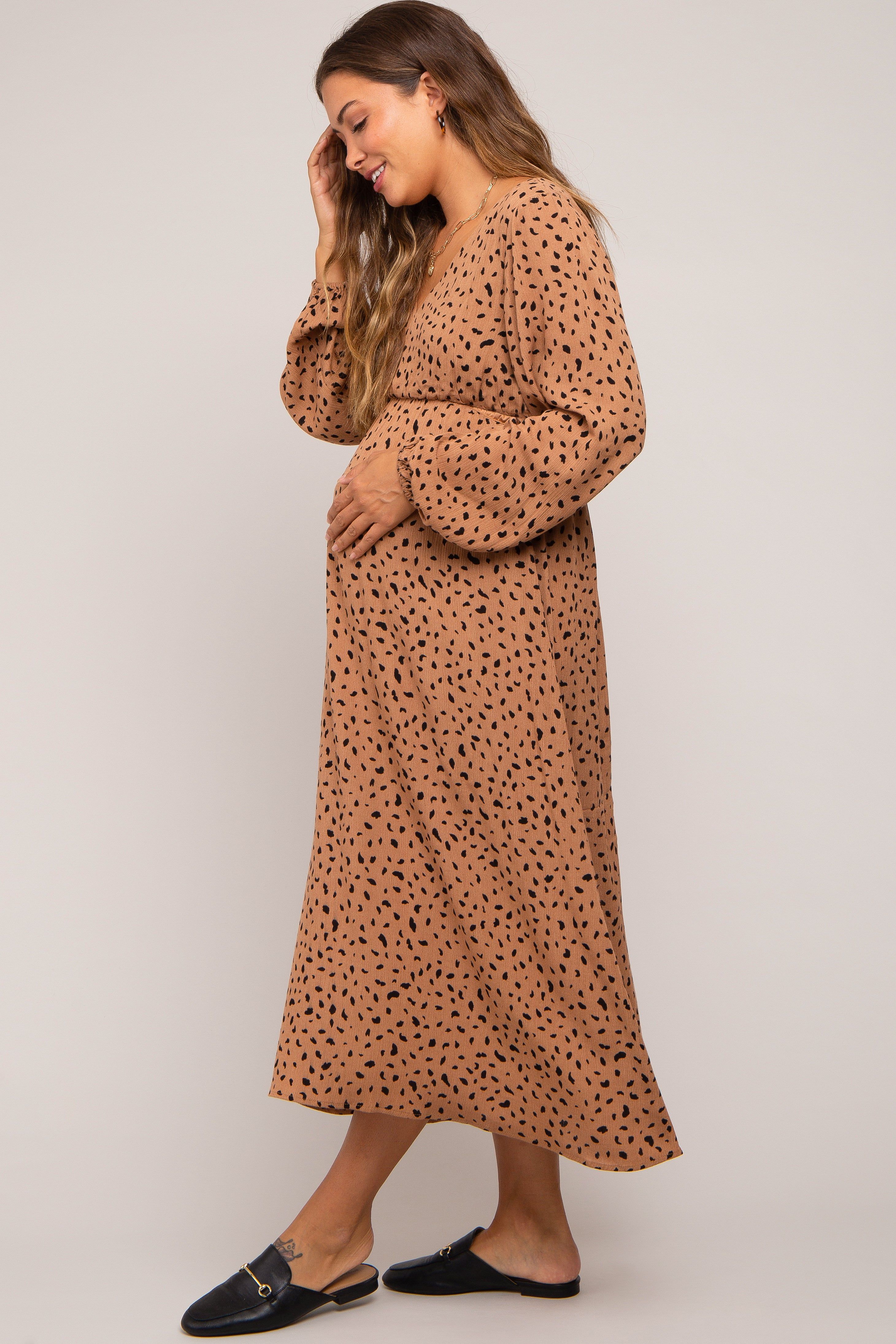 Mocha Animal Print Side Cutout Maternity Midi Dress sold by Pinkblush product image thumbnail 2