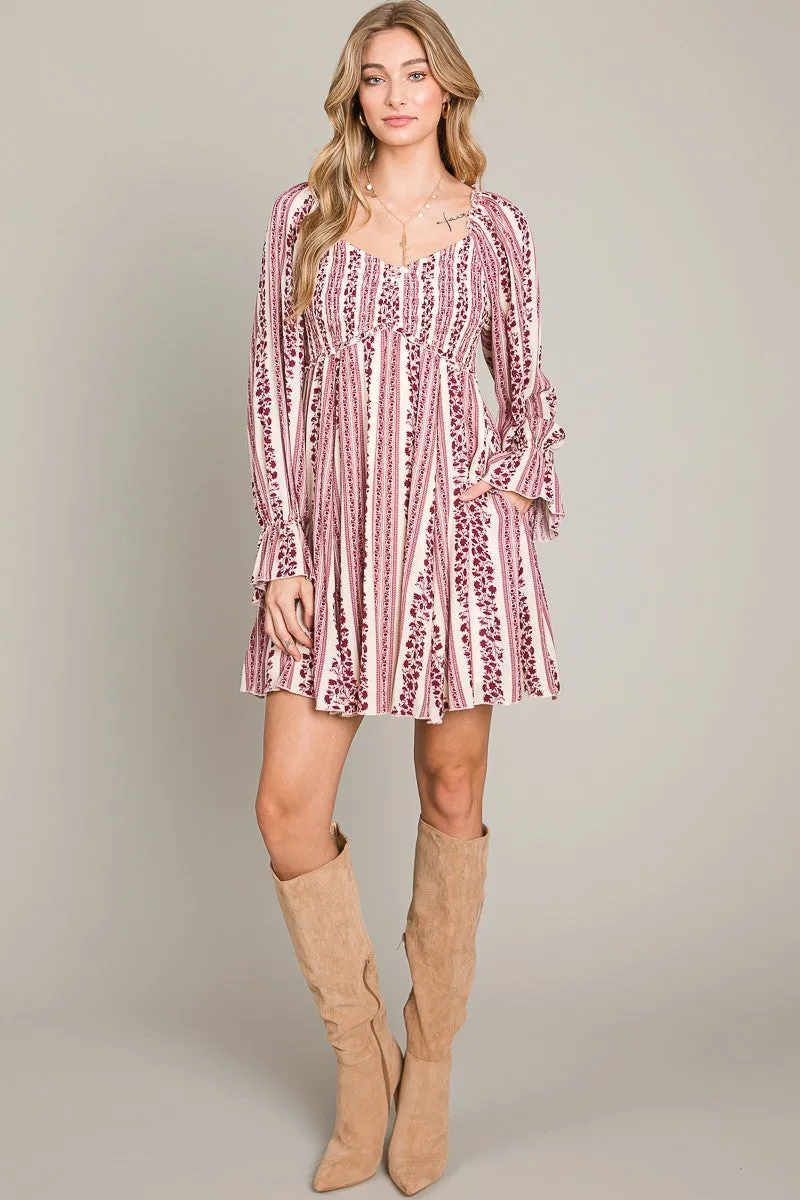 Burgundy Floral Stripe Smocked Long Sleeve Dress sold by Pinkblush product image thumbnail 4