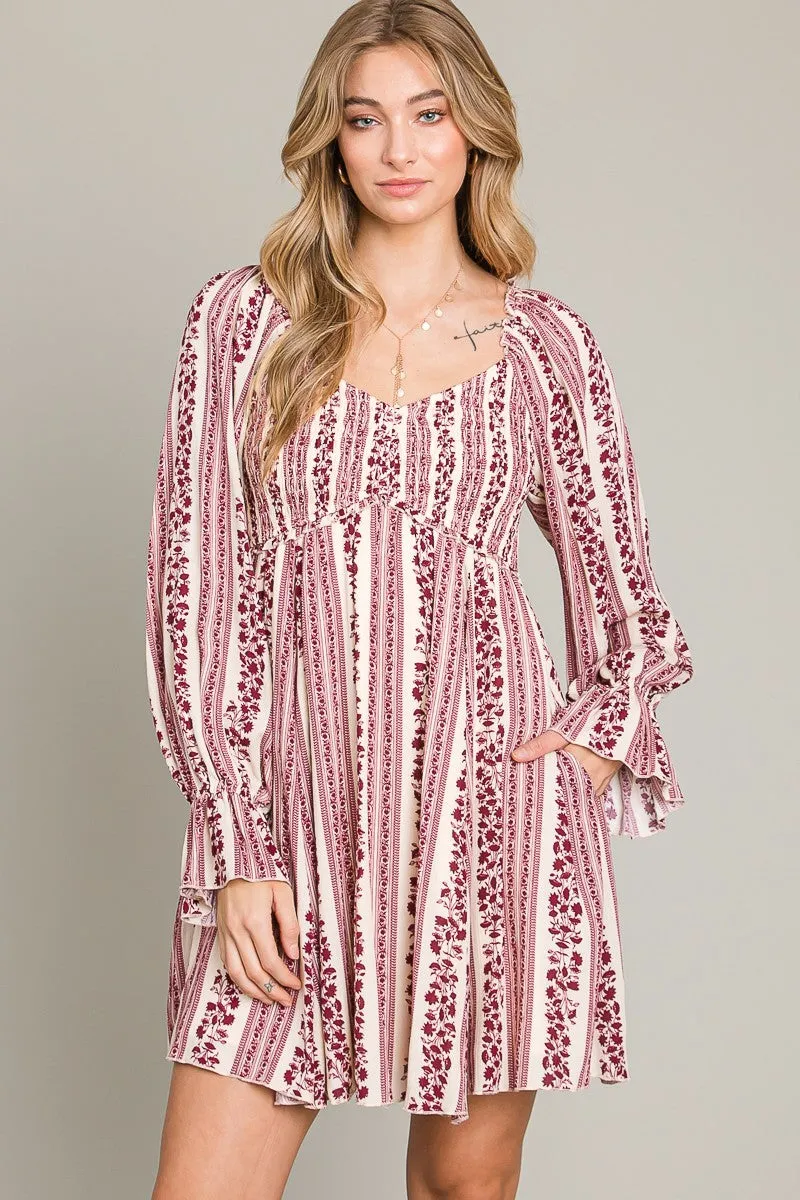 Burgundy Floral Stripe Smocked Long Sleeve Dress sold by Pinkblush