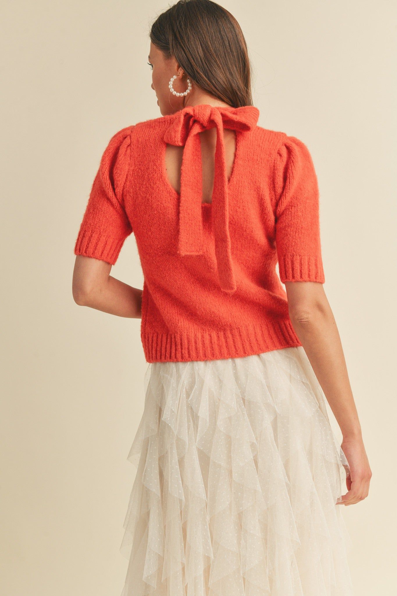 Red Orange Mock Neck Tie-Back Sweater sold by Pinkblush product image thumbnail 2