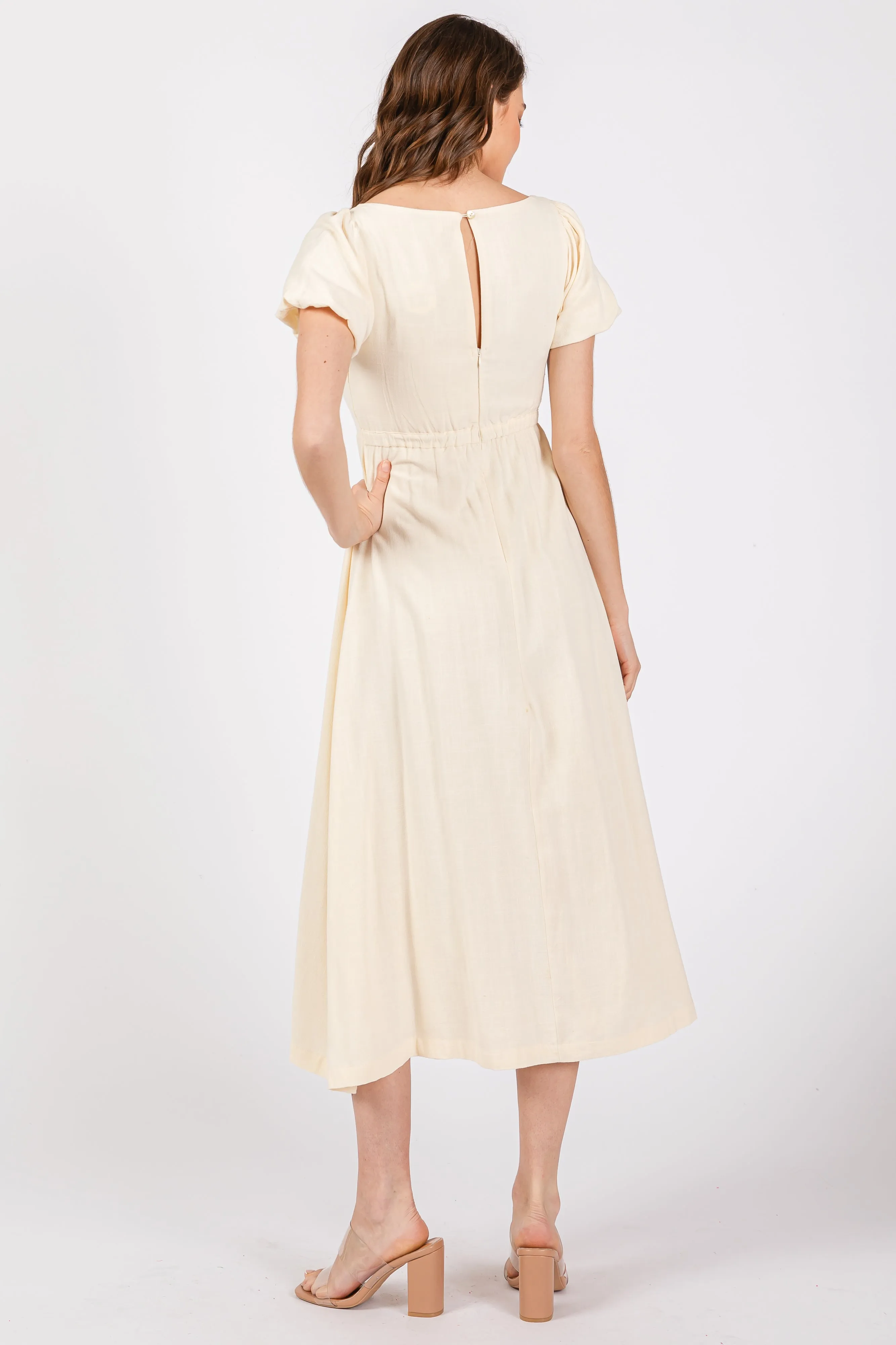 Ivory Puff Sleeve Linen Midi Dress sold by Pinkblush product image thumbnail 3