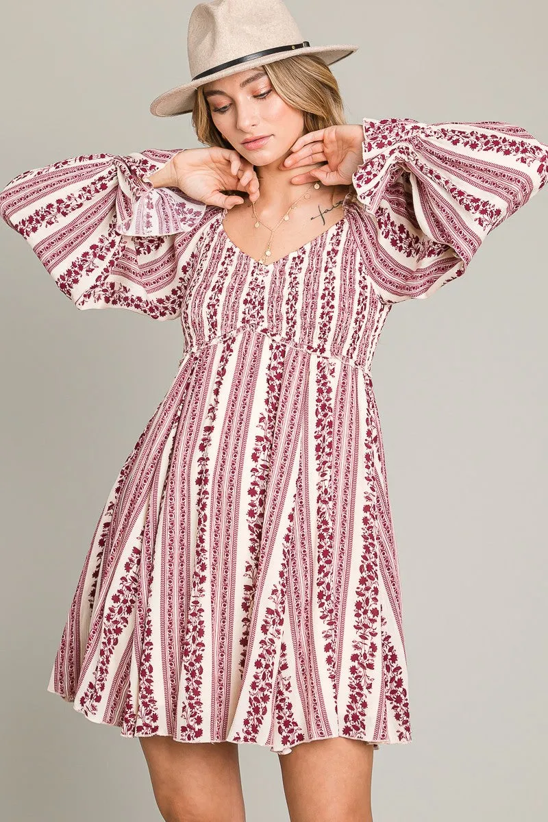 Burgundy Floral Stripe Smocked Long Sleeve Dress sold by Pinkblush product image thumbnail 2
