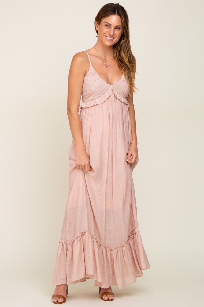 Light Pink Sleeveless Ruffle V-Neck Maxi Dress sold by Pinkblush