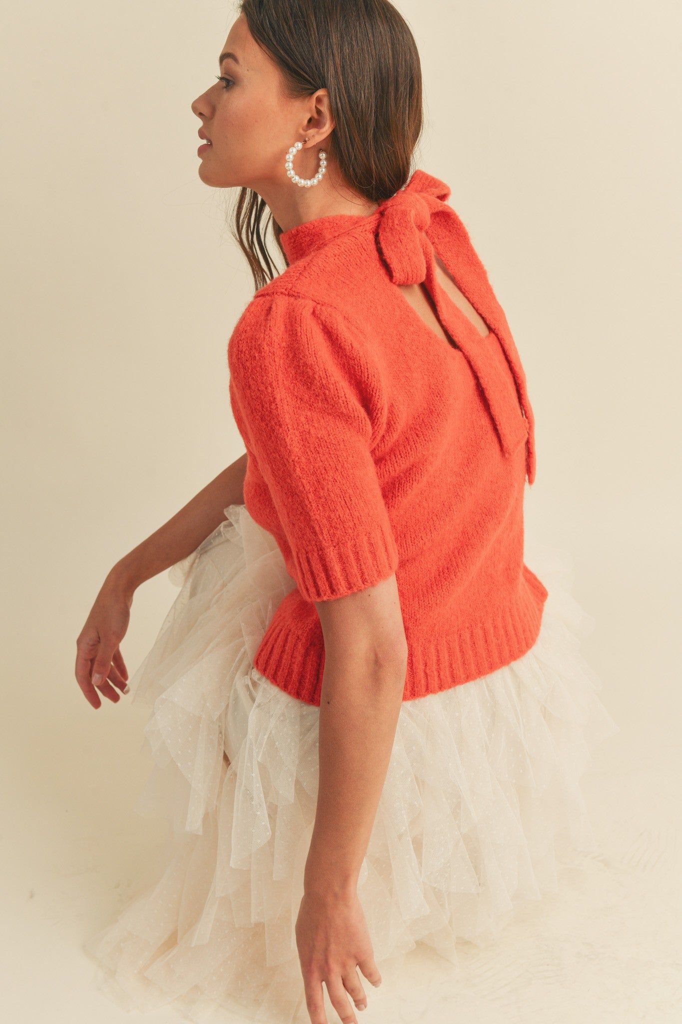 Red Orange Mock Neck Tie-Back Sweater sold by Pinkblush product image thumbnail 3