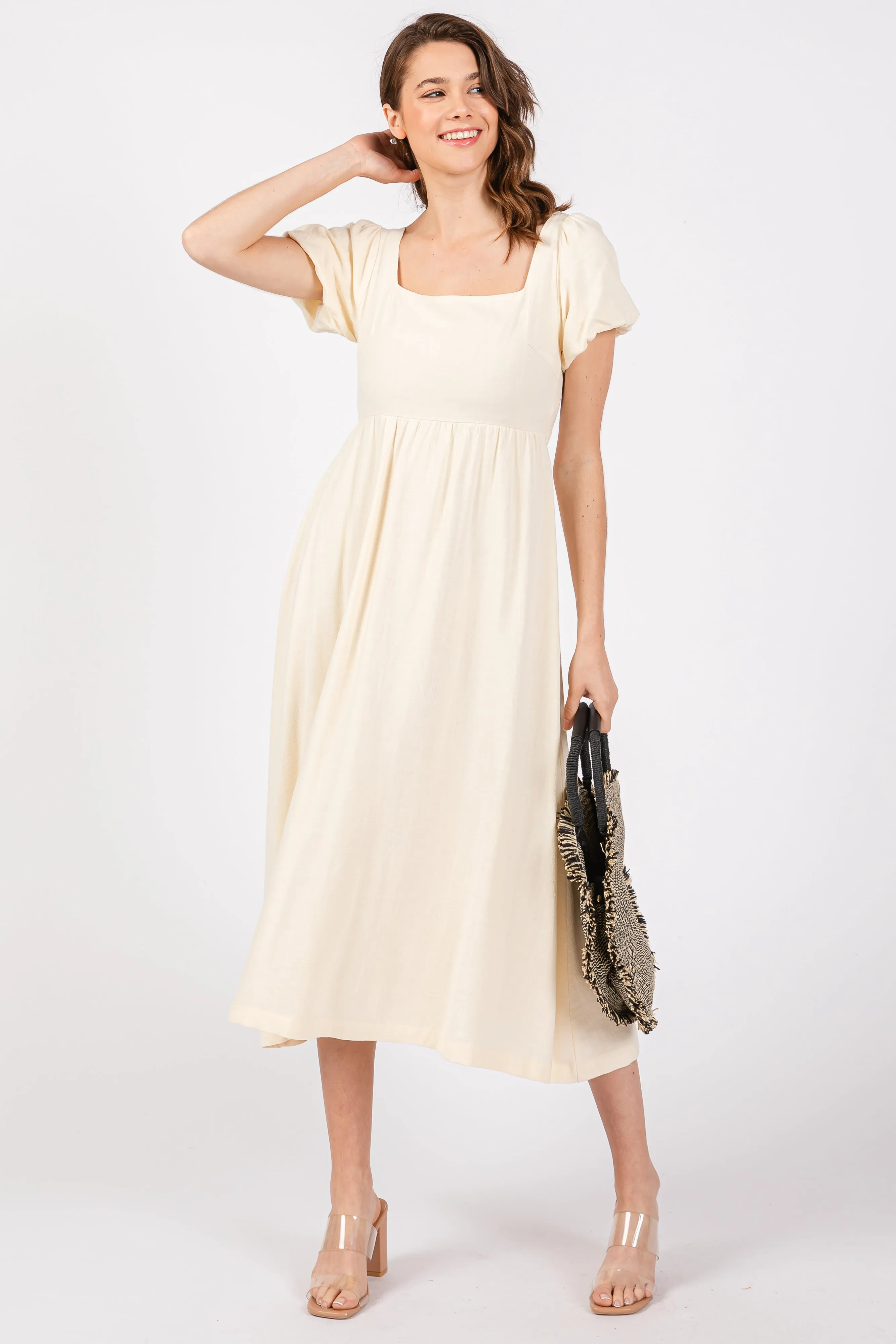 Ivory Puff Sleeve Linen Midi Dress sold by Pinkblush product image thumbnail 4
