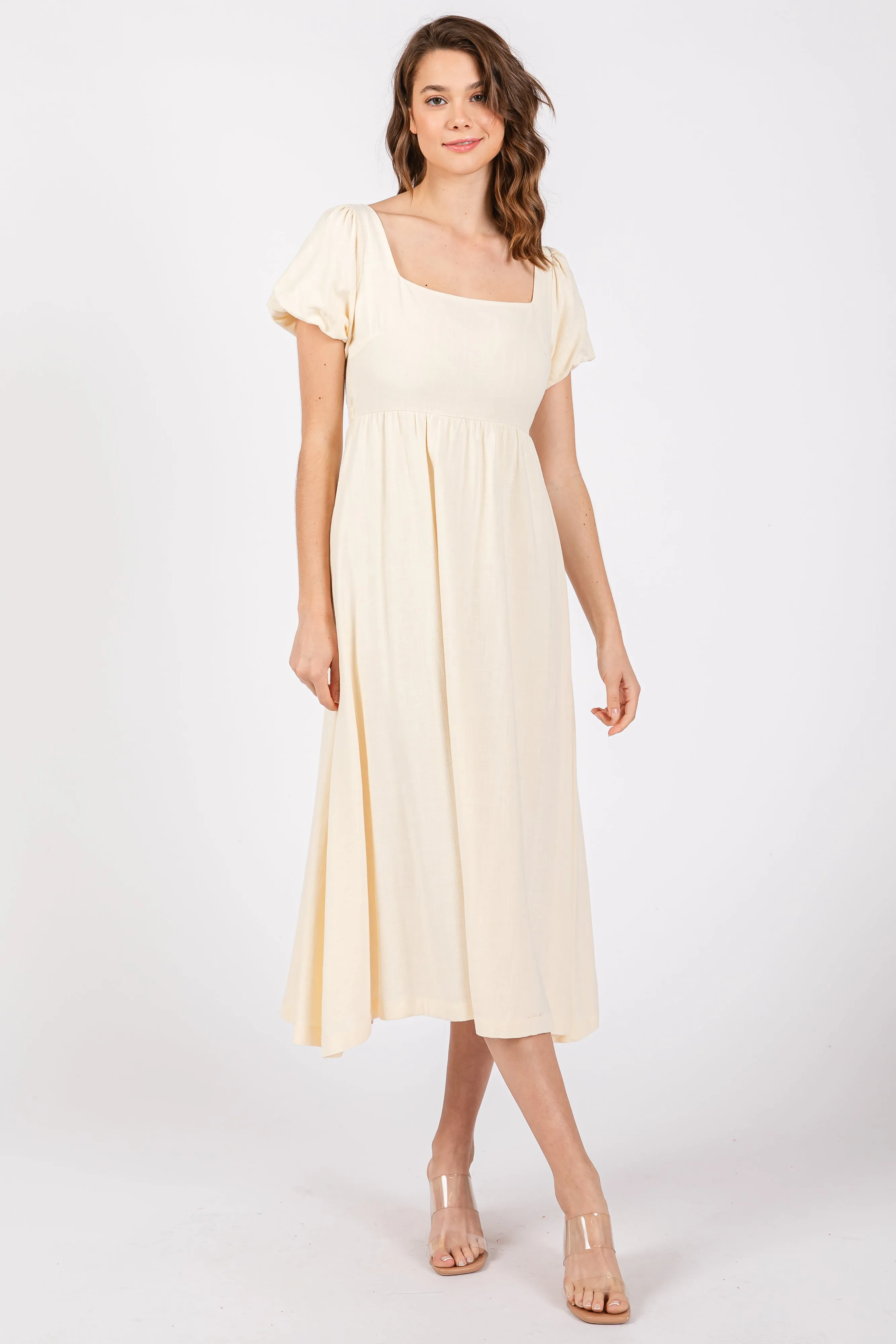 Ivory Puff Sleeve Linen Midi Dress sold by Pinkblush