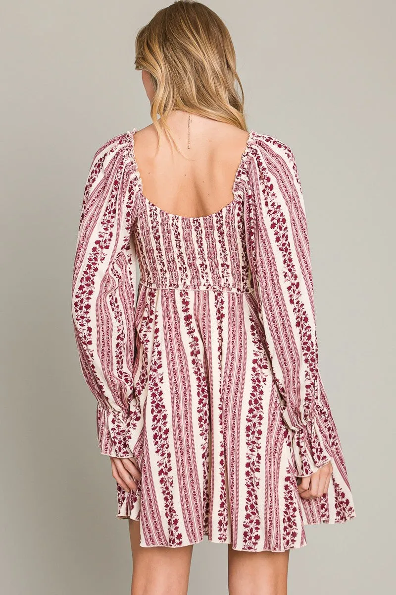 Burgundy Floral Stripe Smocked Long Sleeve Dress sold by Pinkblush product image thumbnail 3