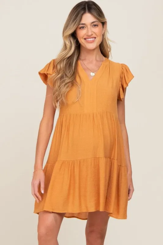 Gold Ruffle Sleeve Tiered Maternity Dress sold by Pinkblush