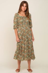Olive Floral Smocked Half Sleeve Maternity Midi Dress sold by Pinkblush