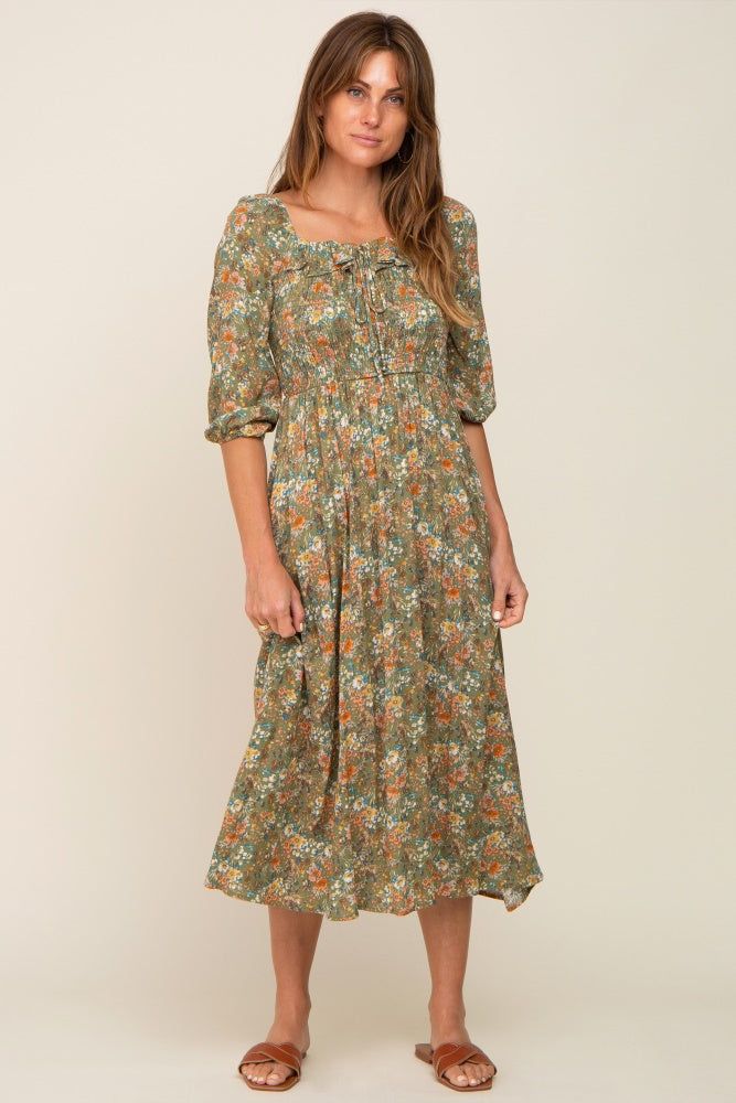 Olive Floral Smocked Half Sleeve Maternity Midi Dress sold by Pinkblush product image thumbnail 5
