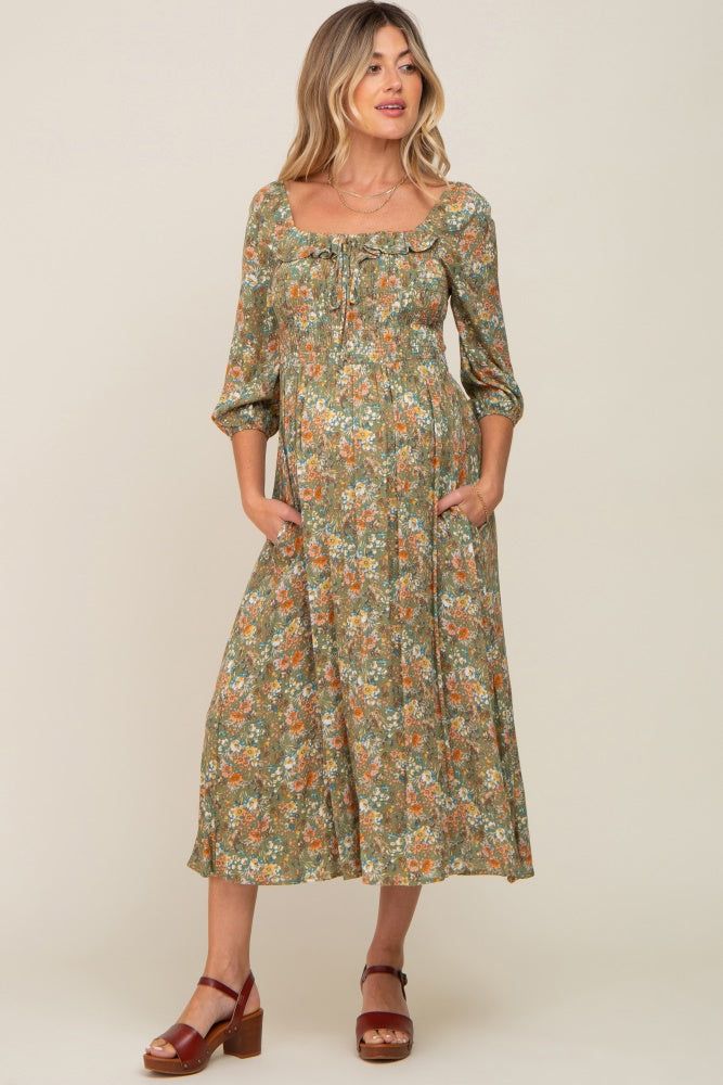 Olive Floral Smocked Half Sleeve Maternity Midi Dress sold by Pinkblush product image thumbnail 2