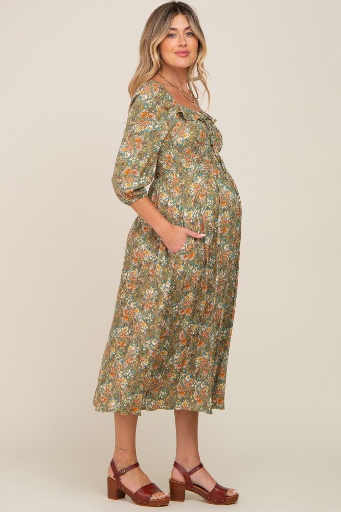 Olive Floral Smocked Half Sleeve Maternity Midi Dress sold by Pinkblush product image thumbnail 3