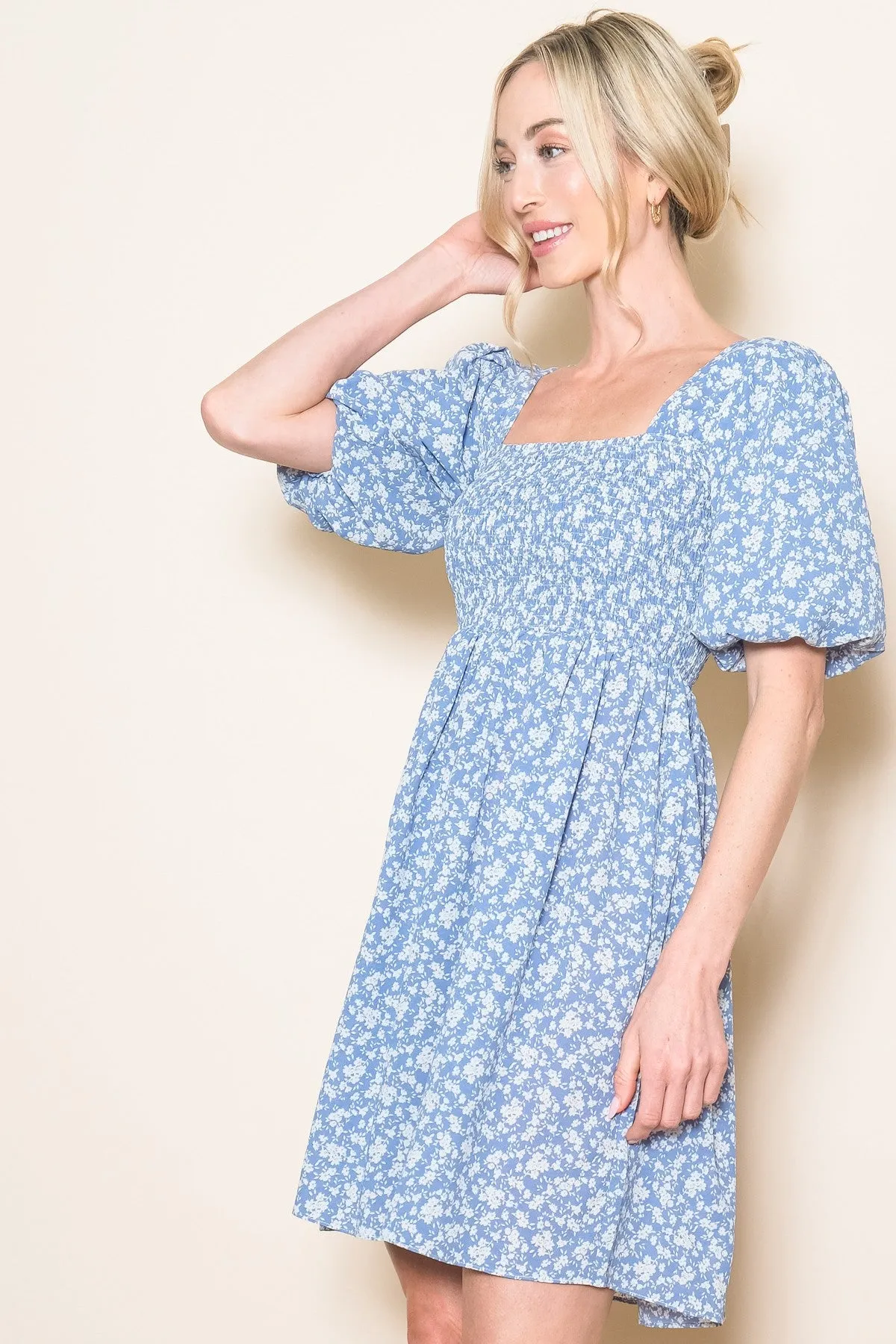Light Blue Floral Smocked Tie Back Dress sold by Pinkblush product image thumbnail 2