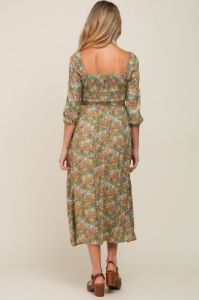 Olive Floral Smocked Half Sleeve Maternity Midi Dress sold by Pinkblush
