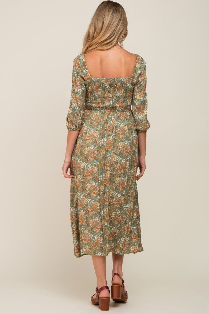 Olive Floral Smocked Half Sleeve Maternity Midi Dress sold by Pinkblush product image thumbnail 4