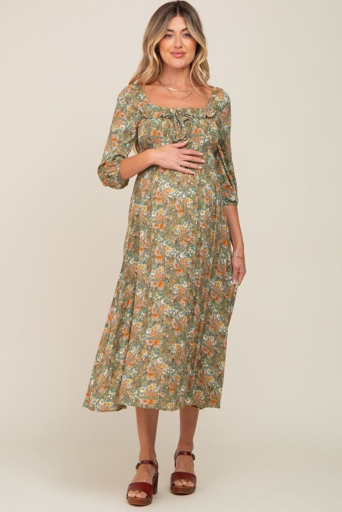 Olive Floral Smocked Half Sleeve Maternity Midi Dress sold by Pinkblush