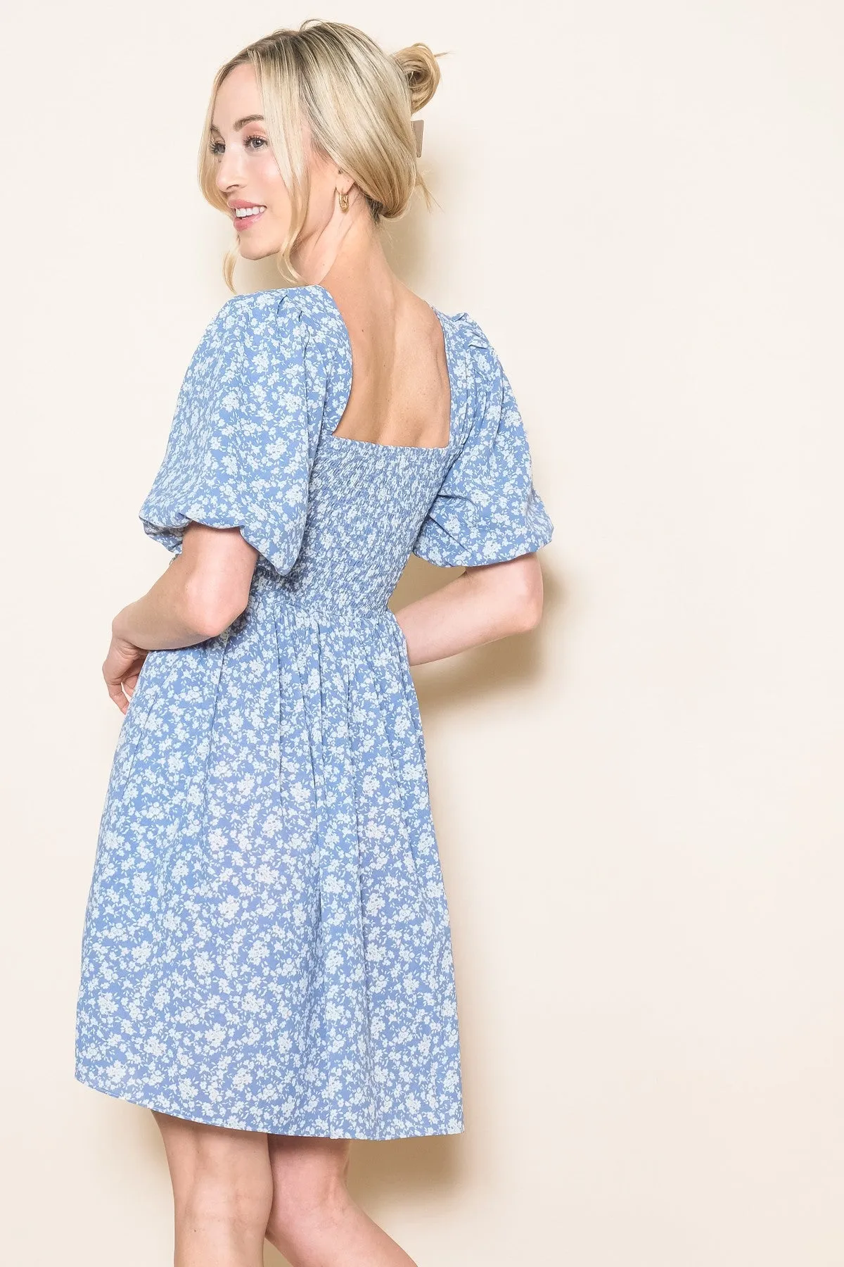 Light Blue Floral Smocked Tie Back Dress sold by Pinkblush product image thumbnail 3